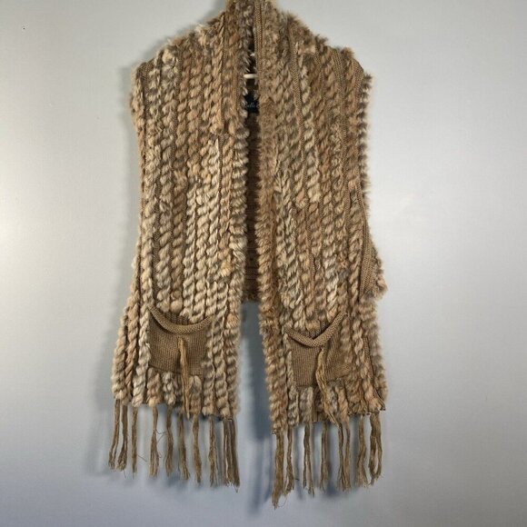 Belle Fare The Lenzen Rex Rabbit Fur Vest 0/S Wool Knit Fringe & Pockets Beige - Picture 1 of 16